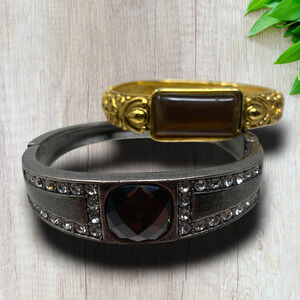 Lot 2 x Vintage Y2K Jeweled Bangle Bracelets Bohemian Clamp Silver & Gold Tone
